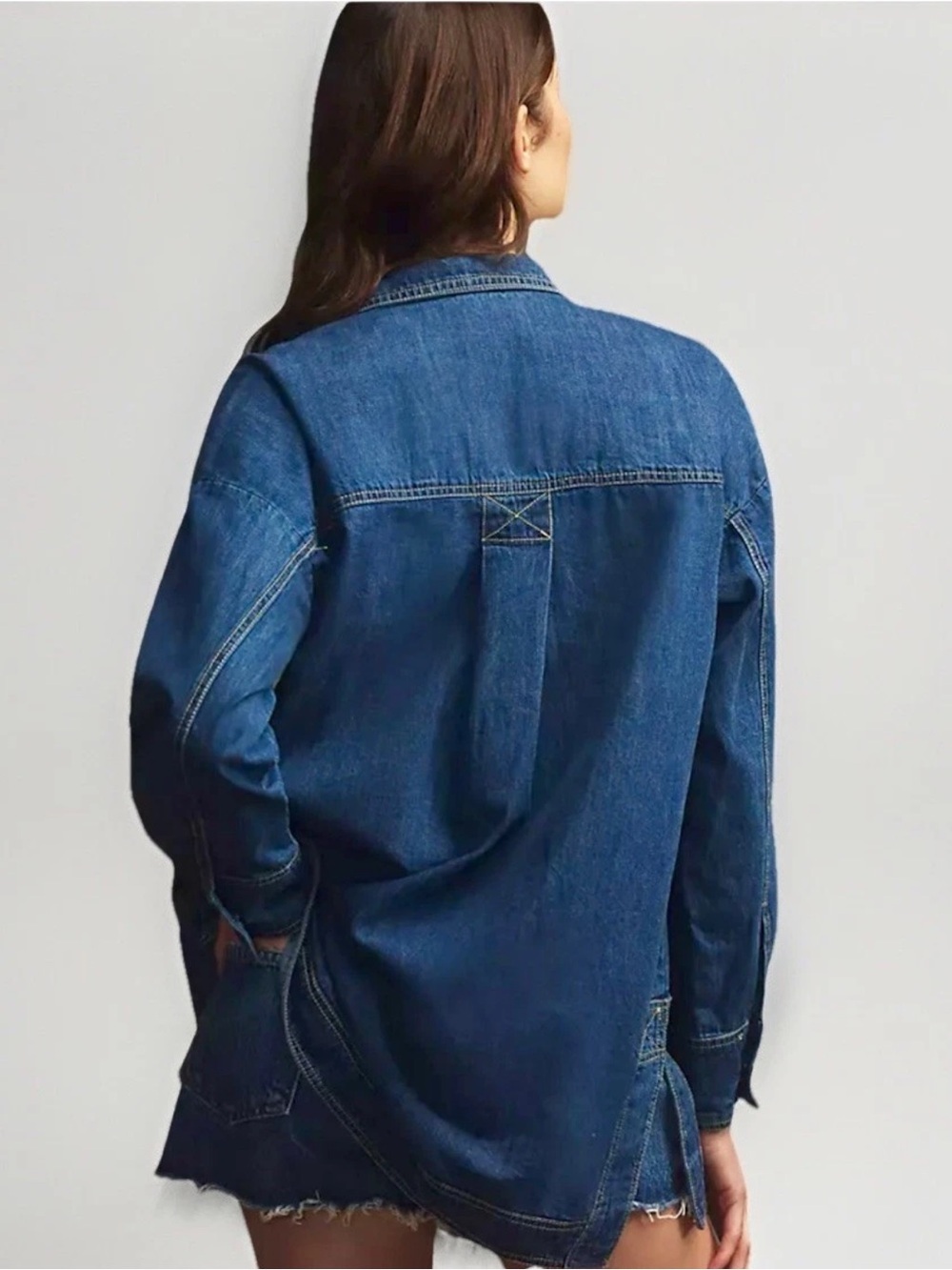 Pilcro Sz L Petite Women’s Tunic Shirt Top Blue Denim Cotton Button Half Placket - Picture 8 of 15